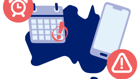 3G shutdown: Australian map, calendar, and mobile phone showing alarm and alert symbols