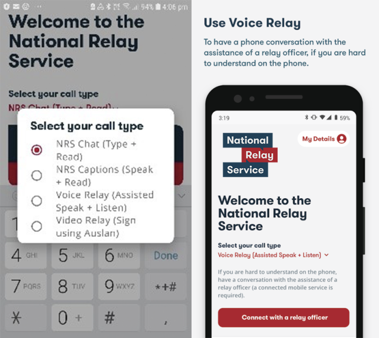 NRS App screenshots - select call type & connect with a relay officer.