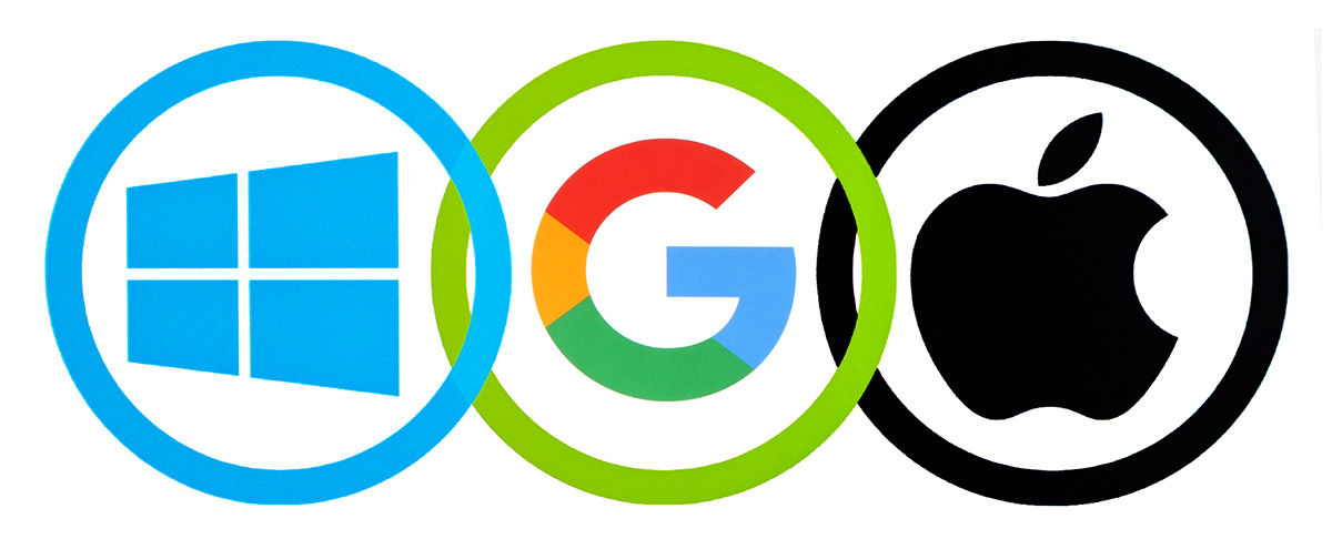 Windows, Google, and Apple logos in three overlapping circles