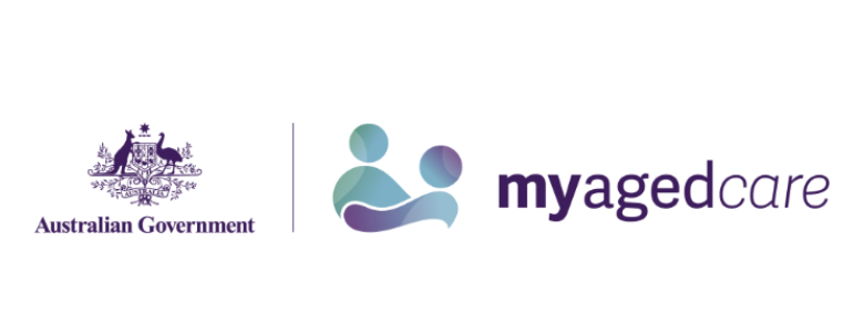 My Aged Care logo: the Australian Government Coat of Arms and "my aged care" wordmark in purple, alongside a teal and purple graphic of two abstract figures.