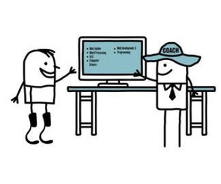 cartoon figures next to a computer monitor