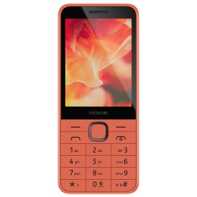 Front view of the Nokia 215 4G, orange colour handset with physical keypad buttons.