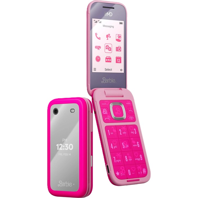 Closed and open view of the HMD Barbie flip phone.